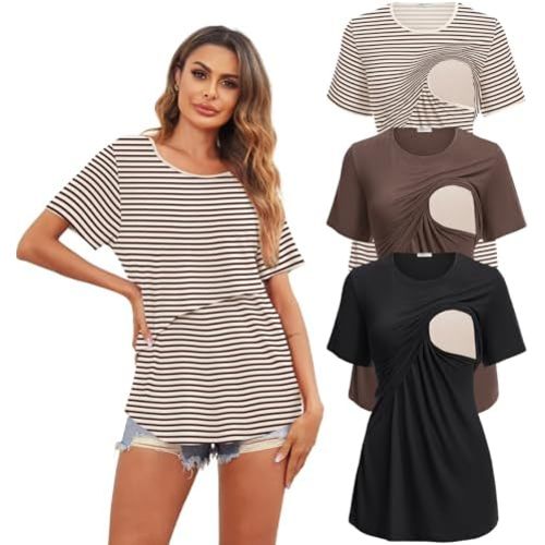 Ekouaer Women's Maternity Shirts Short Sleeves Nursing Tops 3 Pack Double Laye Breastfeeding Tees Pregnancy Clothes S-XXL