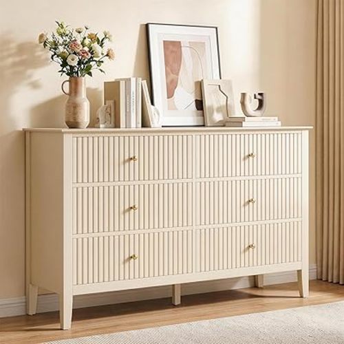 RoyalCraft Beige 6 Drawer Dresser, Fluted Modern Wood Chest of Drawers, Long Dresser for Bedroom TV Stand Storage Cabinet for Living Room