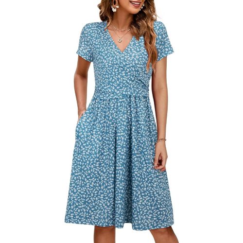 OUGES Maternity Nursing Dress Breastfeeding Short Sleeve V Neck Casual Pregnancy Clothes with Pockets