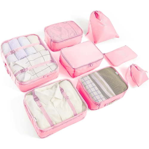 Tendry Polyester 8-Piece Packing Organizer Set, Pink