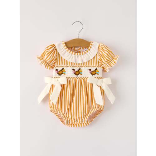 Fall Thanksgiving Chicken Smock Embroidered Orange Stripes Baby Girl Romper