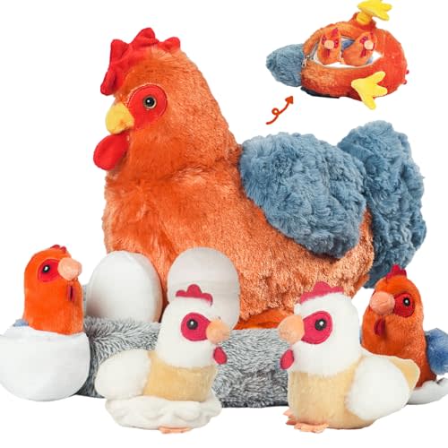 9 in 1 Chicken Stuffed Animal Set, Stuffed Chicken Plush Toy for Kids Zippered Egg Laying Hen with Coop Baby Chicks and Eggs, Chickens Toys for Kids Girls Boys Christmas Birthday Gift