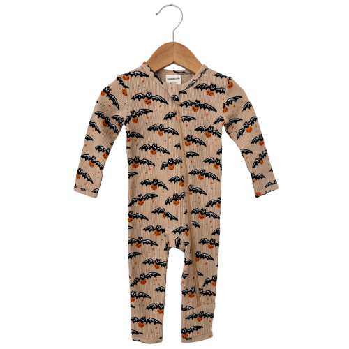 Organic Waffle Basic Zip Romper, Tan Trick or Treating Bat