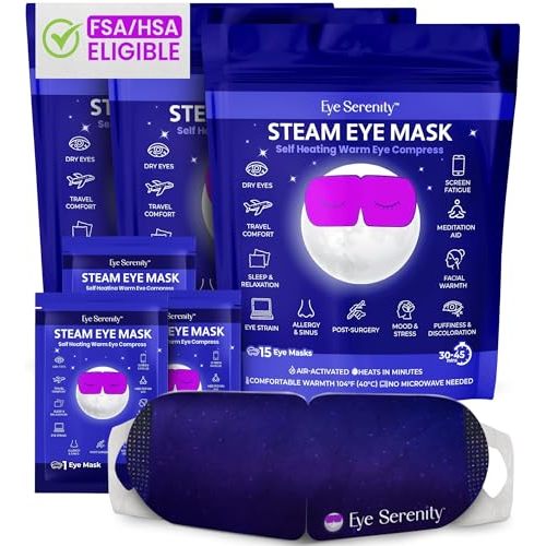 Steam Eye Mask by Eye Serenity Self-Heating Warm Compress, 45-Pack, Unscented, Dry Eye Relief, Perfect for Self-Care, Ideal for Office, Travel & Nightly Relaxation, Calm Sleep