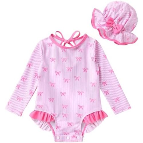 YOUNGER TREE Infant Baby Girls Swimsuit Long Sleeve Swimsuits One Piece Swimsuit Solid Color Bathing Suit with Hat, UPF 50+