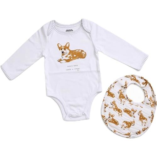 Mud Pie Baby Dog Breed Bodysuit and Bib Set, Corgi, 0-6 Months