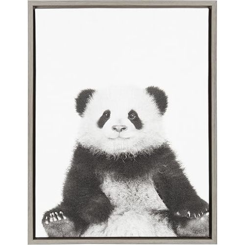 Kate and Laurel Sylvie Panda Animal Print Black and White Portrait Framed Canvas Wall Art by Simon Te Tai, 18x24 Gray