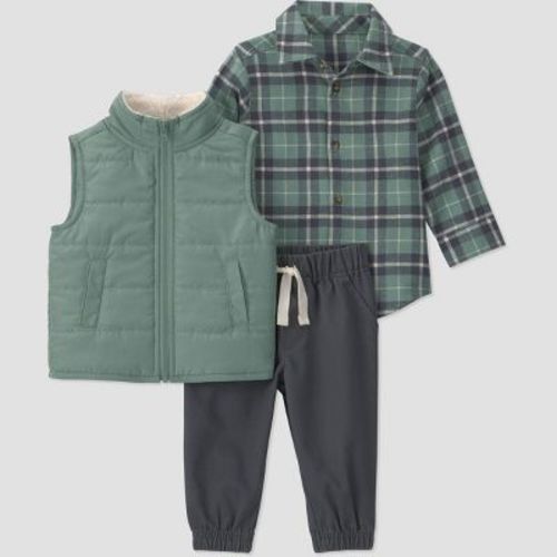 Carter's Just One You® Baby Boys' 3pc Plaid Vest Set - Green Newborn