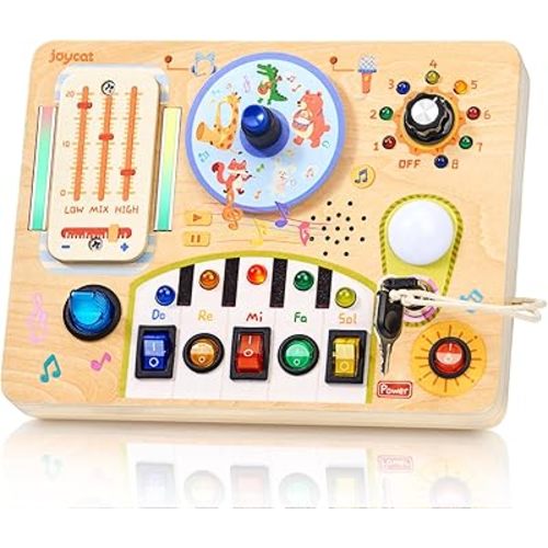JoyCat Busy Board with Led Light, Toddler Toys for 1 2 3 4 Year Old Boys and Girls, Wooden Sensory Toys with Music, Travel Toy for Toddlers 1-3, Birthday Presents (Yellow)