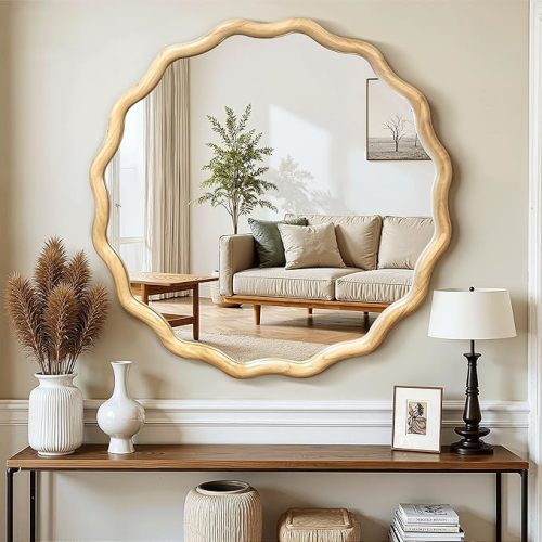 Circle Wood Mirrors for Wall, Wavy Round Bathroom Scalloped Mirror Wooden Frame 28 Inch for Living Room Farmhouse Bedroom Hallway Entryway Living Room with Shatterproof Glass Wall Mounted
