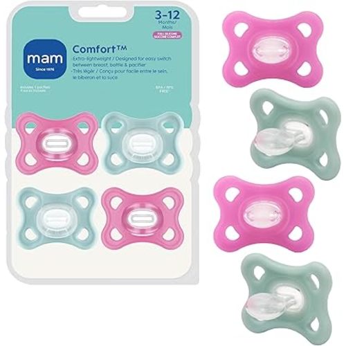 MAM Comfort Baby Pacifiers 3-12 Months Babies, Lightweight One-Piece Full Silicone Binky, BPA-Free Nipple, Easy to Clean Pacifier, Best for Breastfed Babies, 4 Count, Made in Europe