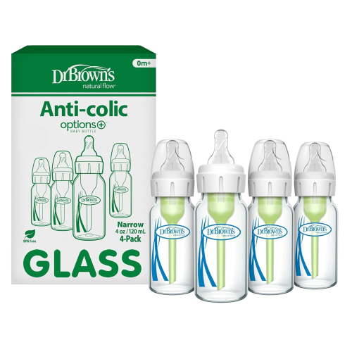 Anti-Colic Options+ Narrow Glass Baby Bottle with Level 1 Slow Flow Nipple, BPA-Free, 4 oz/120mL, 4-Pack