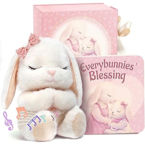 Baptism Gifts for Girl, Catholic Christening, Baby Dedication & Baptismal Gift Set for Baby Girls & Kids, with 9" Musical Praying Bunny Plush Toy & Everybunnies' Blessing Book in Keepsake Box