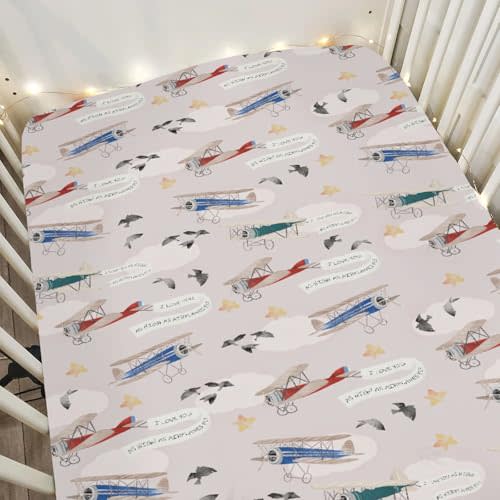 Vintage Planes Birds Sky Baby Crib Sheets for Boy Girl 28"x52" Retro Flying Airplanes Soft Stretchy Fitted Crib Mattress Covers Aircraft Travel Baby Sheets for Standard Crib & Toddler Mattress Pad