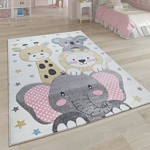 Paco Home Kids Rug for Nursery Happy Elephant, Giraffe & Lion in Pastel Cream, Size: 2'8" x 4'11"