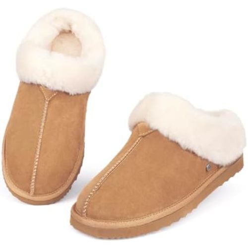 Parfeying Women's Slip on House Slippers, Real Wool from Sheep, Anti-slip Rubber Sole Warm Indoor Outdoor Slippers for Women