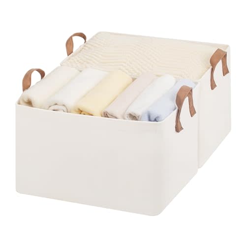 StorageWorks Fabric Storage Bins, Large Storage Baskets for Shelves, Closet Organizers and Storage Bins with Metal Frame, Handles, Natural Color, 2-Pack