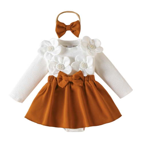 Splozh Long Sleeve Bodysuits One Piece Baby Girl Romper Dress Baby Dress Romper Flowers Lace Fall Winter Clothes with Headband Coffee,0-3 Months