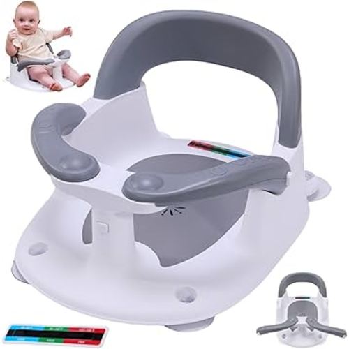 Baby Bath Seat for Babies 6 Months & Up Sitting Up,Infant Bath Seat with Temperature Alert+Open Backrest+on/Off Armrest,Toddler Bath seat Baby Bath Chair for Bathtub,Tub,Sink Grey