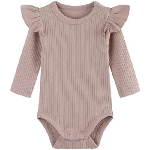 Baby Girl Knit Ruffle Outfit Clothes Ribbed 100% Organic Cotton Solid Color Long Sleeve Romper Clothes 0~24M