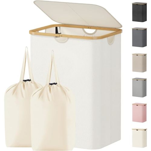 Lifewit 100L Laundry Basket with Lid, Clothes Hampers for Laundry with Bamboo Handles and 1 Removable Bag, Large Foldable Laundry Hamper for Bedroom, Bathroom, Dorm, Laundry Room, White