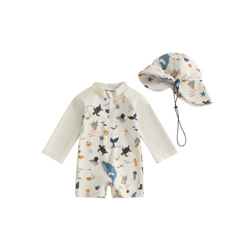 Loicainy Baby Toddler Boys Long Sleeve Swimwear 3 6 12 18 24 Months 2T 3T Casual Marine Animal Print Zipper Rash Guard Swimsuit and Hat Beachwear Bathing Suit