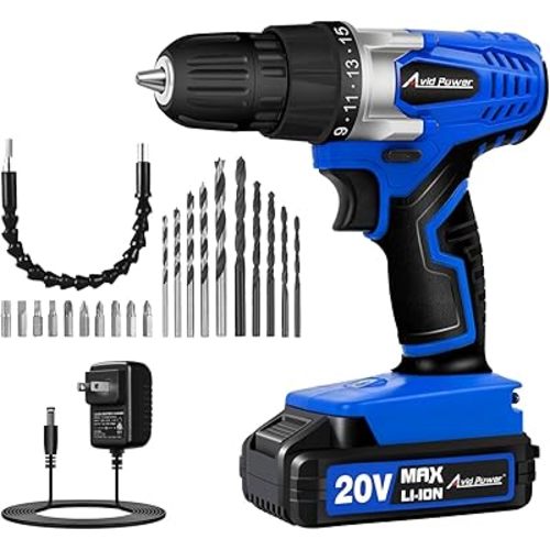 AVID POWER 20V MAX Lithium lon Cordless Drill Set, Power Drill Kit with Battery and Charger, 3/8-Inch Keyless Chuck, Variable Speed, 16 Position and 22pcs Bits (Blue)