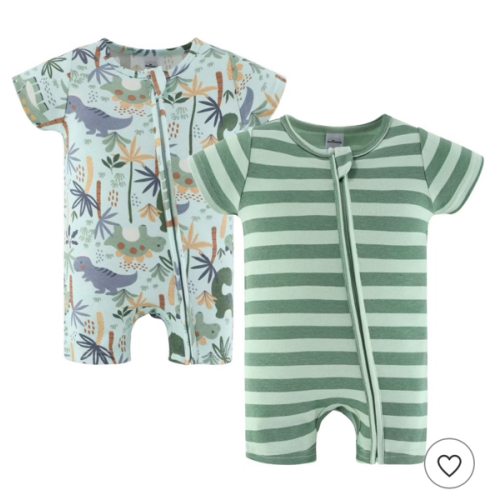 The Peanutshell Baby Boy Rompers 2 Pack - 100% Cotton Clothes, Rompers for Newborn, Infant, and Baby Boy - Green Dino