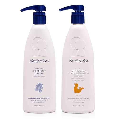 Noodle & Boo 2 Piece Bundle Super Soft Moisturizing Lotion for Daily Baby Care, 16 Fl Oz + Noodle & Boo Kinder 3-in-1 Shampoo, Conditioner & Body Wash for Baby, 16 Fl Oz.