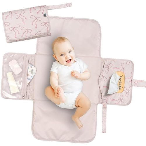 Tiny Twinkle Portable Diaper Changing Pad | Waterproof, Wipeable & Compact Baby Changing Pad for Travel | Smart Wipes Pocket & Organized Storage| Newborn Shower Gift (Bows)