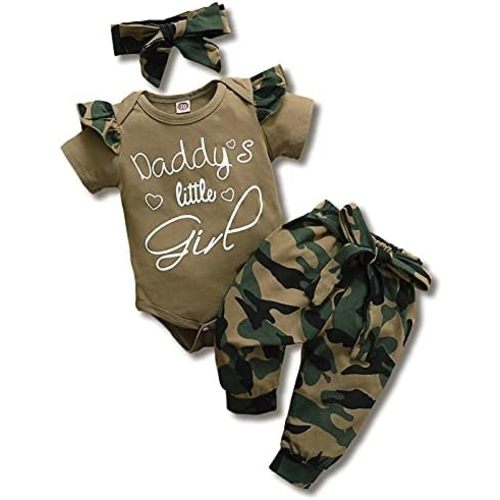 Baby Girl Clothes Set Daddys Little Girl Ruffle Romper Top Camouflage Pants Newborn Infant Baby Girl Outfit
