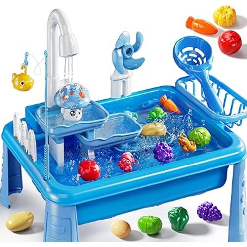 Water Table Play Sink Toy for Kids 2 3 4 5 6 Years Old - Outdoor Kitchen with Running Water, Fishing Games, Toddler Water Play Table for Kids Ages 3-8, Beach Outdoor Toys, Summer Gifts(Blue)
