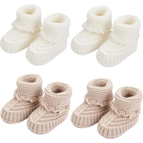 Baby Booties, Newborn Walking Shoes, Infant Hand Crochet Knit Cotton Sock Booties, Soft Cozy Socks Slippers, Indoor House Shoes for Baby, 2 Pairs