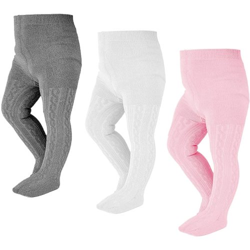 EPEIUS Baby Tights Thick Seamless Cable Knit Leggings for Infant Girl Solid Cotton Stockings Footed Pants Pantyhose for 3-6 Months 3 Pair Pack,Grey/White/Pink