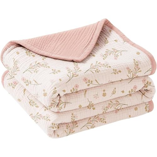 Konssy Muslin Baby Blankets for Girls Boys 47"x47", 100% Cotton Crib Blanket for Infant Toddler, Super Soft and Lightweight Nursery Swaddling Wrap (Floral)