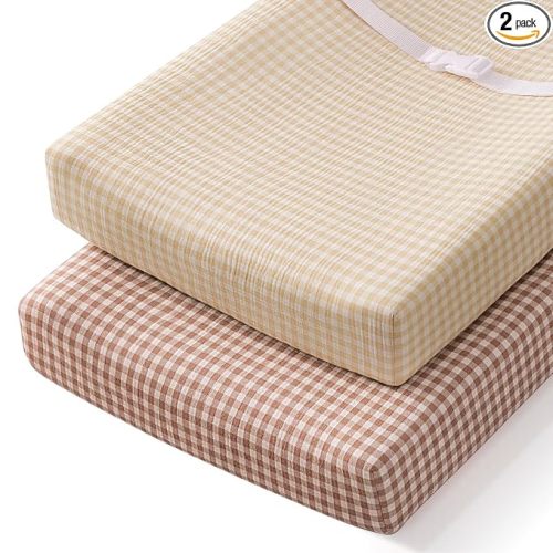Blissful Diary Muslin Changing Pad Cover for Baby Girls Boys, Ultra Soft Breathable Cotton, Baby Diaper Change Table Pad Covers, 2Pack (Checkered Beige & Checkered Brown)