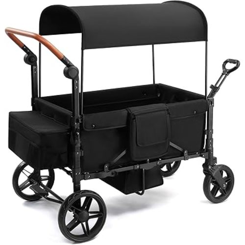 Stroller Wagon for 4 Kids, Foldable All Terrain Wagon for Kids, with Removable Canopy, Adjustable Push and Pull Handle, 5 Point Harnesses, Large Storage Bag (Black)