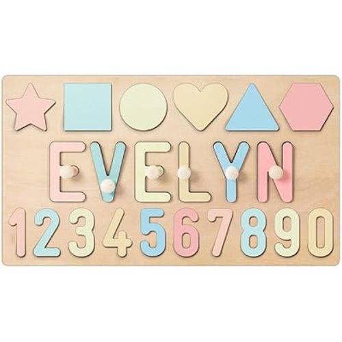 Custom Wooden Name Puzzles for Toddlers 1-3, Baby Name Puzzle with Number and Shapes, Personalized Birthday Gifts for Baby Girl & Boy, Toddler Learning Toys