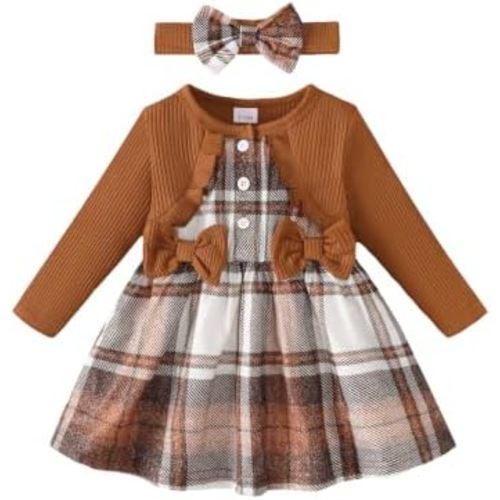 Renotemy Baby Girl Dress Fall Button Bow Outfits Toddler Clothes 3M-3T