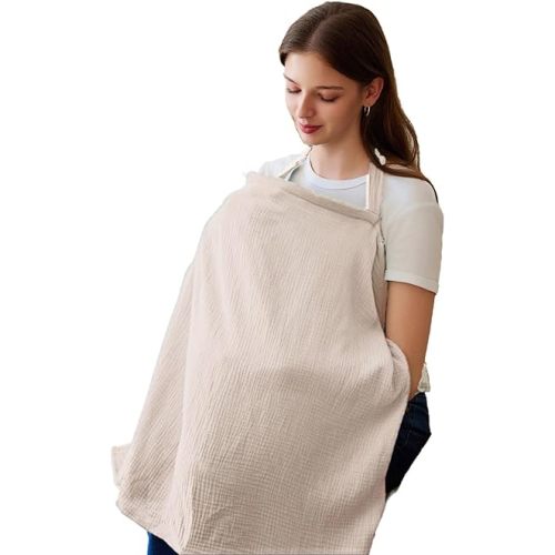 Breastfeeding Cover with Removable Hoop Arch Neckline,Breathable Nursing Cover Up for Breastfeeding, 100% Cotton Breast Feeding Covers for Women (Ivory)