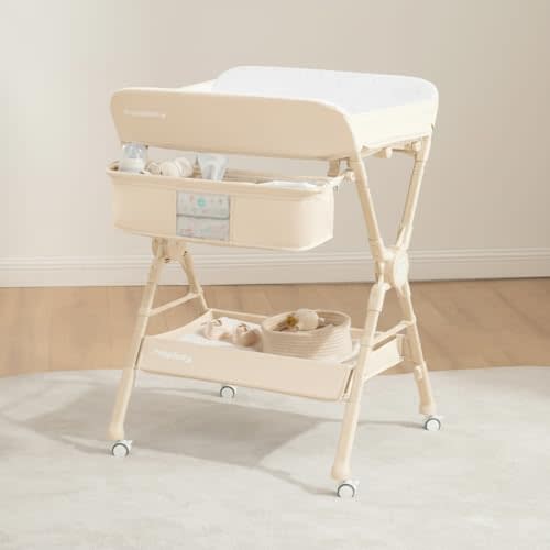 Maydolly Changing Table，Portable Diaper Changing Station, Foldable Baby Changing Table,Compact Nursery Diaper Changing Table for Baby，Adjustable Height，Mobile on Wheels (Beige)