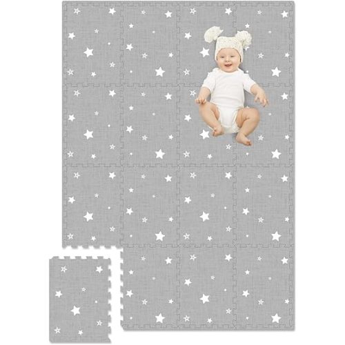 Extra Large Baby Play Mat - 4FT x 6FT Non-Toxic Foam Puzzle Floor Mat for Kids & Toddlers (Grey/White Star)