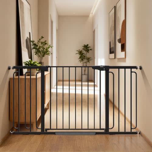 Cumbor 36.6-59" Extra Wide Baby Gate for Stairs, Auto Close Dog Gate Black | Double Lock Safety for Doorways, One-Hand Open with 2-Way Swing, Child Gate for Toddler & Pets, Pressure or Hardware Mounted