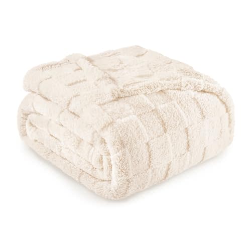 Exclusivo Mezcla Fleece Throw Blanket for Couch,Super Soft and Warm Lightweight Checkered Pattern Blankets for All Seasons, 50x60 Inches, Ivory