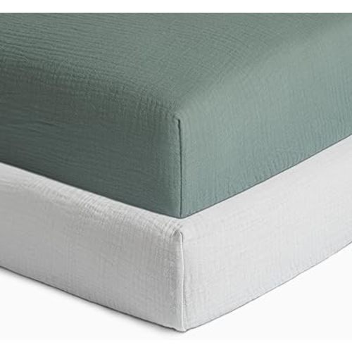 Meracorallo Muslin Fitted Crib Sheets, 2 Pack Soft Breathable Cotton Baby Crib Sheet, Neutral Crib Sheet for Baby Boys and Girls, Fits Standard Crib Mattress 28''x52'' (Green & Gray)