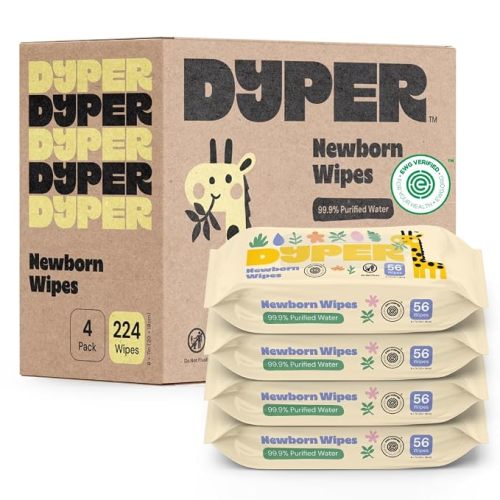 DYPER Sensitive Baby Wipes Unscented (224 Count), 99.9% Water-Based, Plant-Based & Hypoallergenic - Gentle for Sensitive Skin, Plastic-Free Multi-Use Wet Wipes (Pack of 4) Packaging May Vary