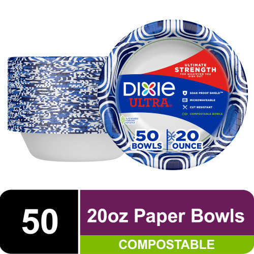 Dixie Ultra Compostable Paper Bowls, 20 Ounce, 50 Count, Multicolor, Microwaveable, Cut-Resistant, Soak Proof Shield