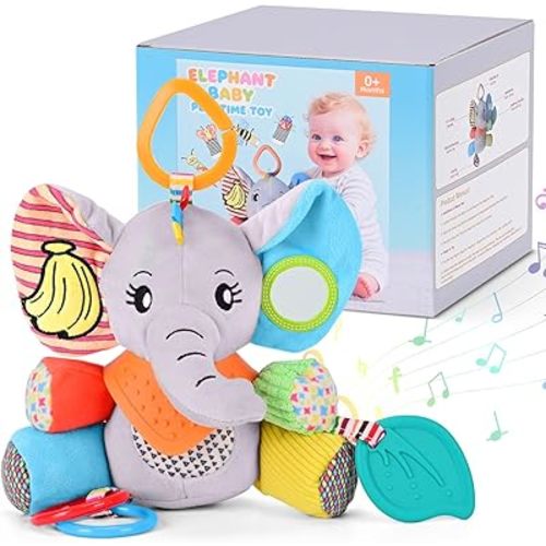 Baby Toys 0-6-12 Months: Elephant with Detachable Touch-Sensitive Sound Box (30 Sounds), Removable Bib, Teether, Rattle, BB Squeaker, Mirror | Attaches to Strollers, Car Seats, Carriers