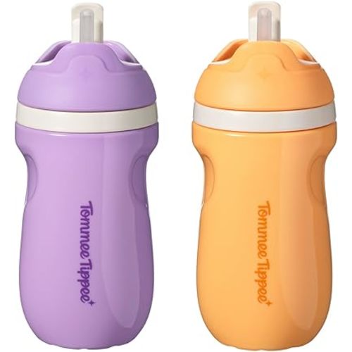 Tommee Tippee Insulated Sporty Spill-Proof Straw Cup, 12 Months+, 9oz, Toddler Training Sippy Cup, Sporty Carry Handle, Bite Resistant Spout, Flip Lid Keeps Straw Clean, Pack of 2, Purple and Orange
