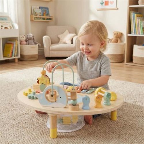 7 in 1 Wooden Baby Activity Table, Musical Sensory Learning Toy with Xylophone, Bead Maze and Shape Sorter for Toddlers
